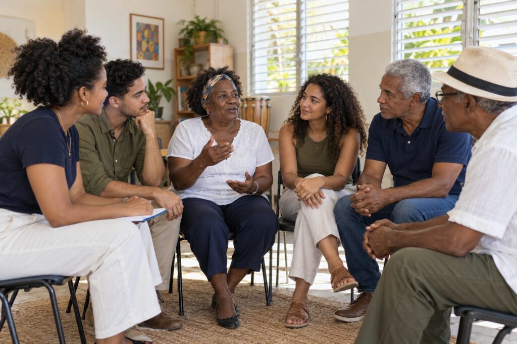 Grupo focal: siete personas sentadas en círculo conversan en una sala.